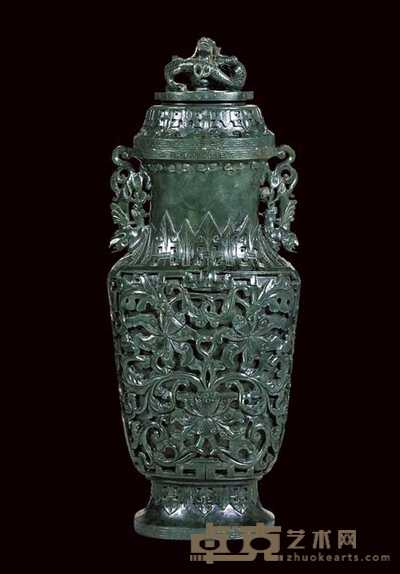19TH CENTURY  A SPINACH JADE FLATTENED BALUSTER VASE AND DOMED COVER 